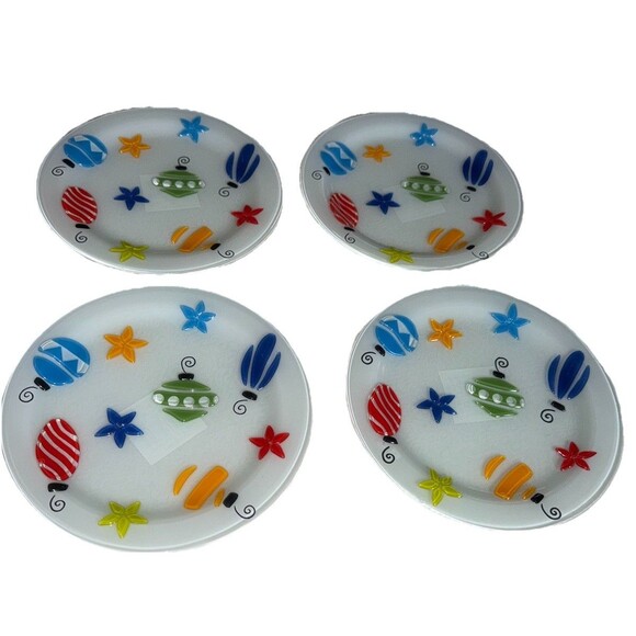 Block Crystal Christmas Plates Fused art glass xmas ornaments (set of 4)